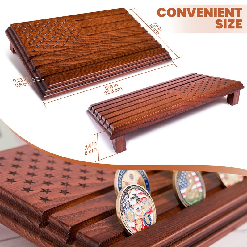 TESLYAR 6 Rows Military Challenge Coins Stand Holder Display Rack Wooden Army Collectible Challenge Coin Display Case Wood Stand  Holds 30-36 Coins Natural Solid Wood Brown American Flag (Mahogany) - Image 2